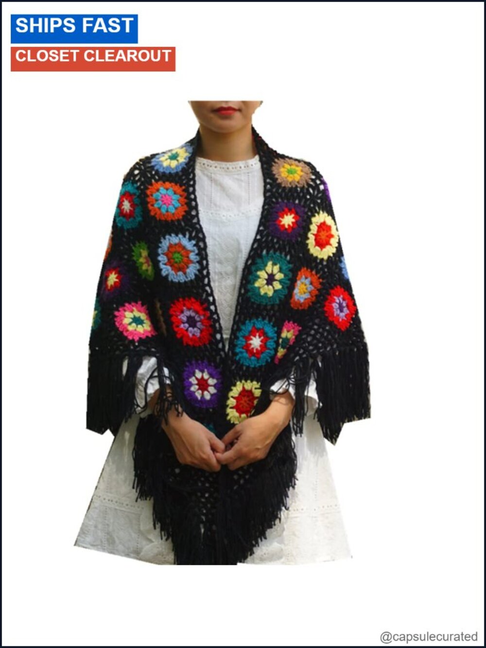 Handmade Crochet Fringed Poncho Cape Shawl Granny Square Acrylic Wrap